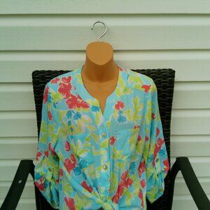 RUBY RD FLORAL BLOUSE TIE AT WAIST SIZE PETITE LARGE